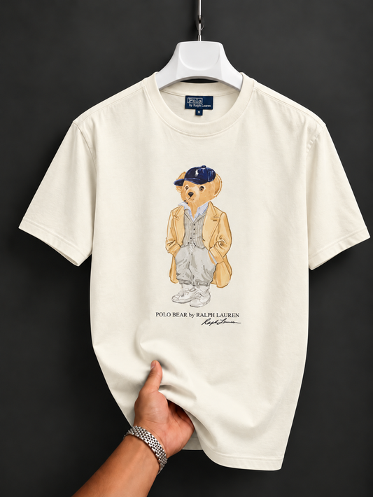 Women TEDDY BEAR T-SHIRT WHITE BROWN COAT