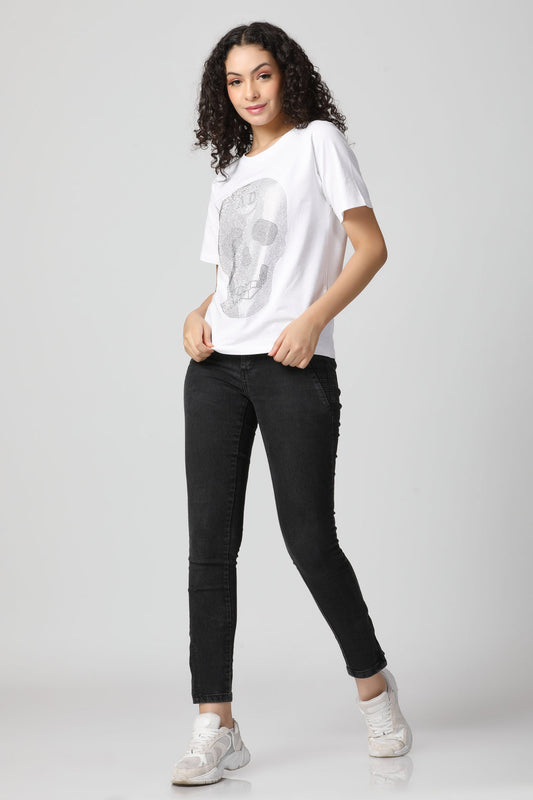 Ultra Luxury Gun Metal-Silver Crystal Diamond T-Shirt