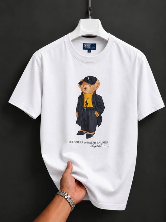 Women TEDDY BEAR T-SHIRT WHITE Black Coat (New)