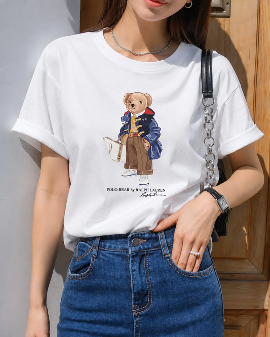 Women TEDDY BEAR T-SHIRT WHITE PURSE JACKET