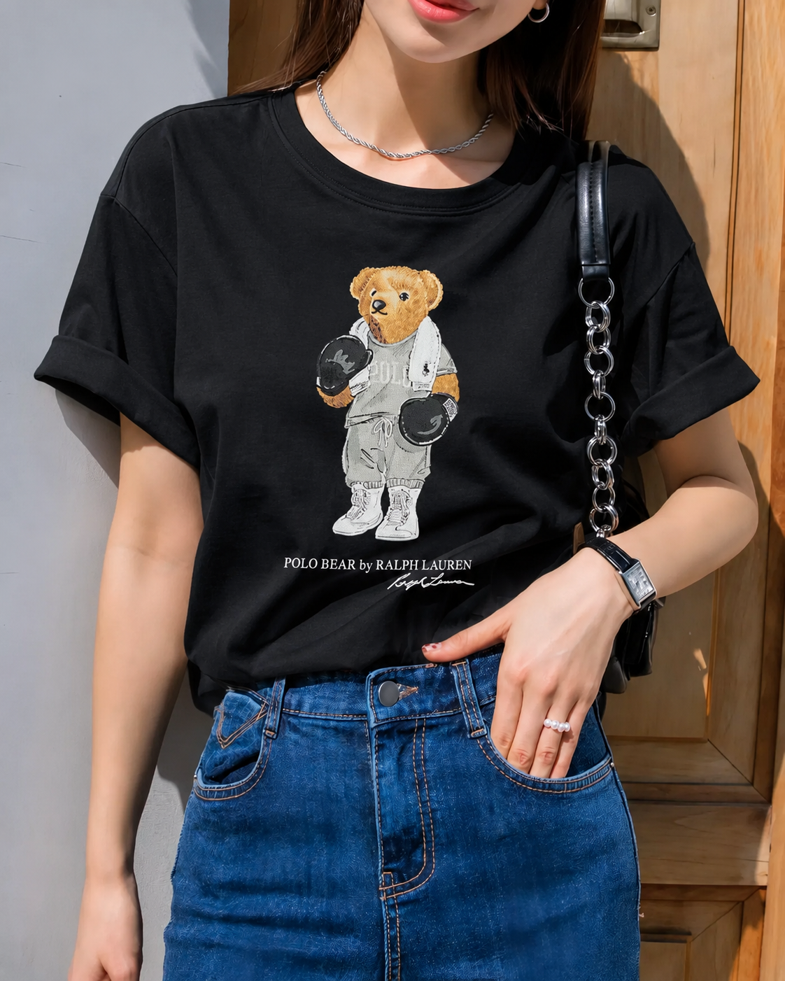 Women TEDDY BEAR T-SHIRT BLACK GYM