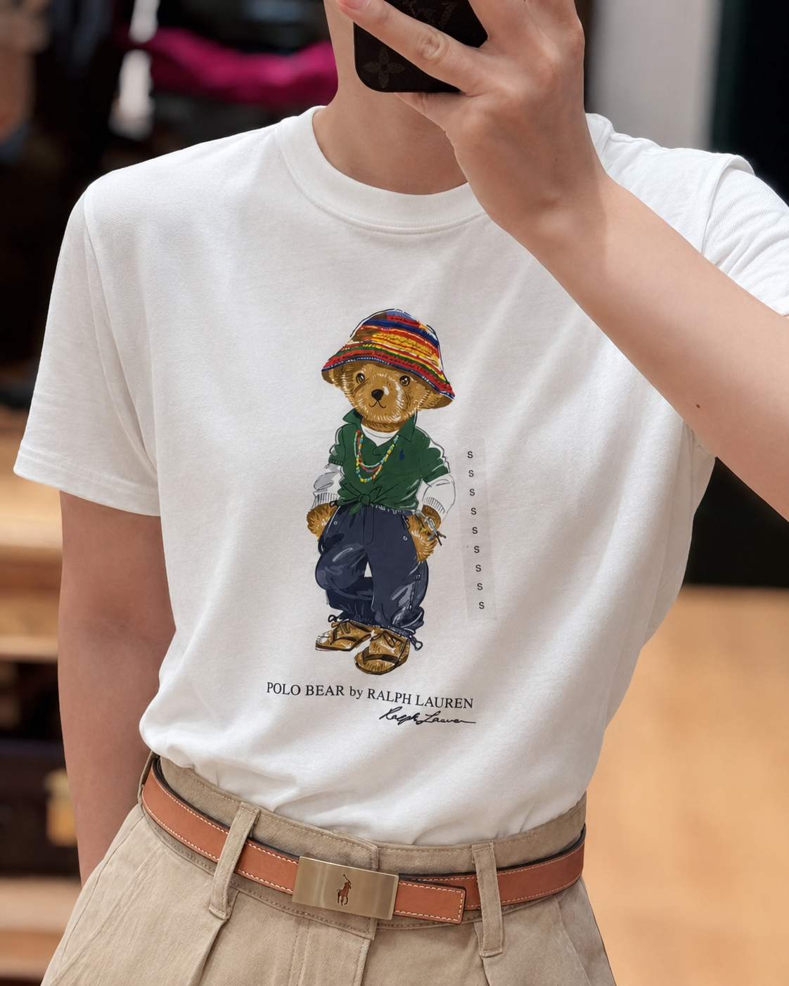 Women TEDDY BEAR T-SHIRT WHITE GREEN CAP