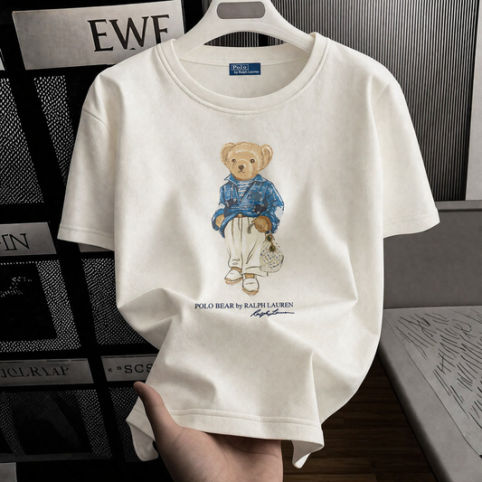Women TEDDY BEAR T-SHIRT WHITE BLUE JACKET