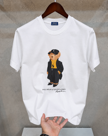Women TEDDY BEAR T-SHIRT WHITE Black Coat (New)