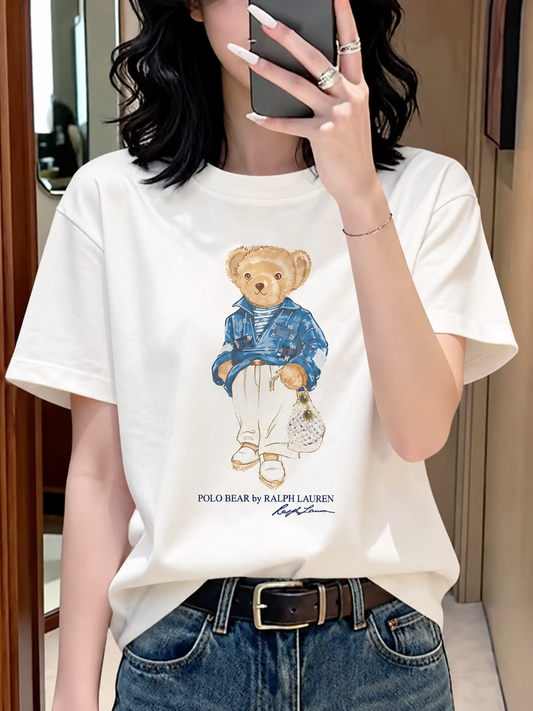 Women TEDDY BEAR T-SHIRT WHITE BLUE JACKET