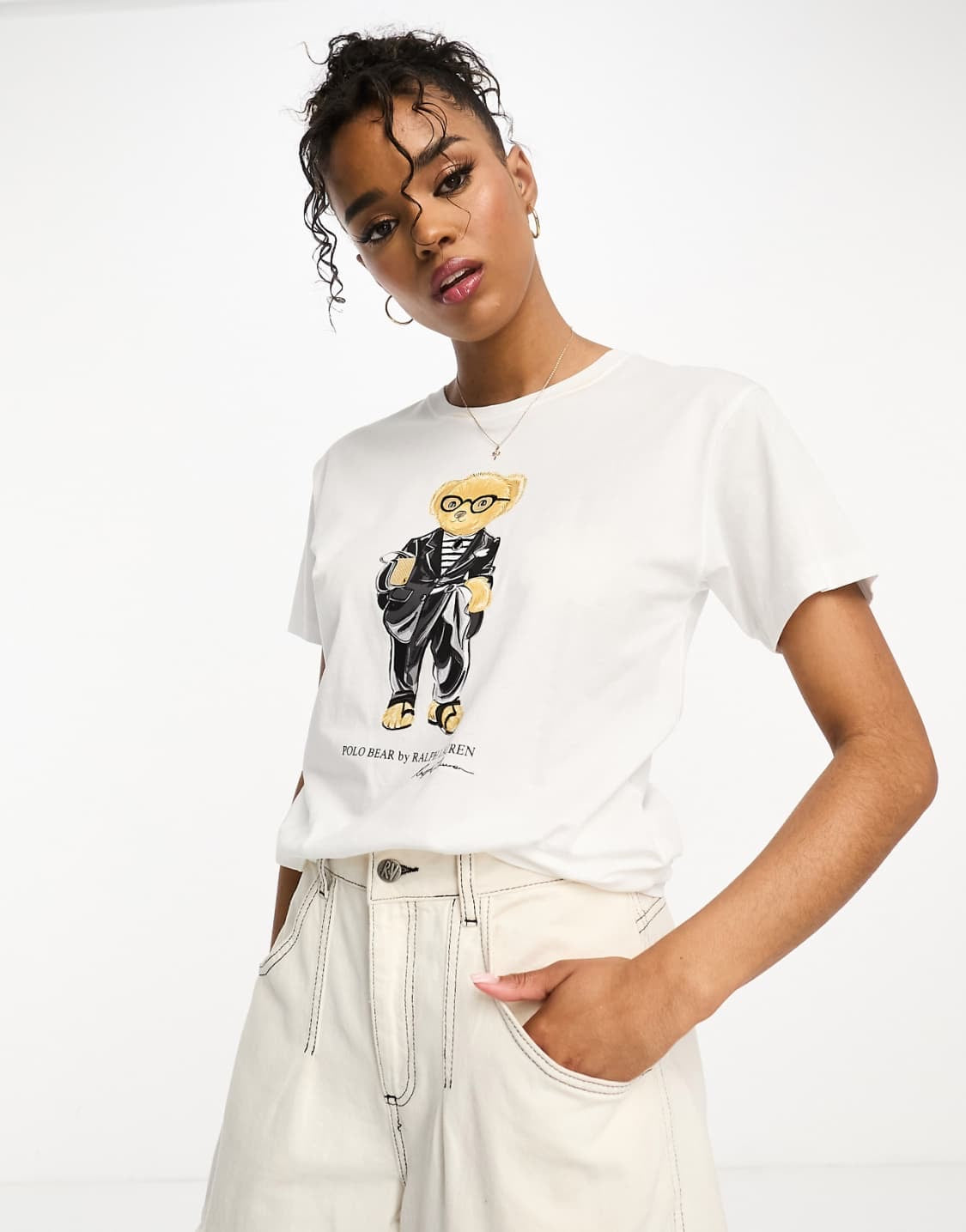 Women TEDDY BEAR T-SHIRT WHITE BLACK JACKET